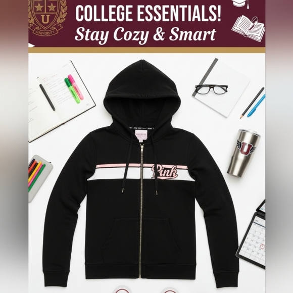 PINK Victoria's Secret Tops - PINK Victoria's Secret Full Zip Hoodie Black Size Medium